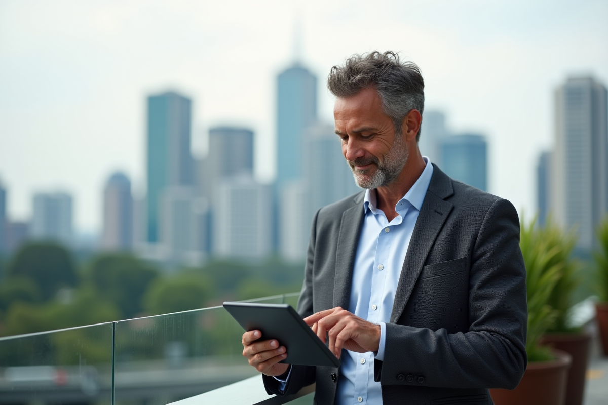 Homme d age moyen vérifiant son portefeuille crypto en extérieur