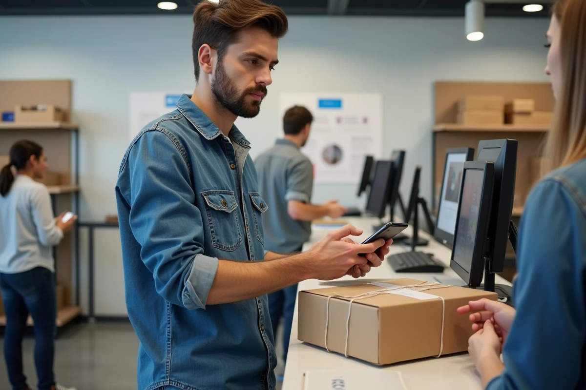 Homme remettant un colis à un agent de poste dans un bureau