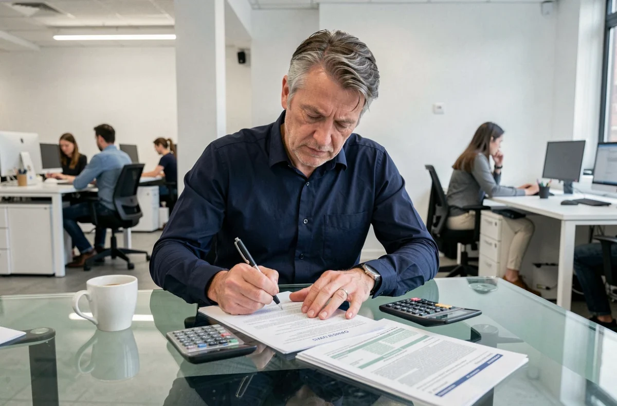 Homme remplissant le formulaire 2044 de déclaration de revenus fonciers dans un espace de co-working moderne