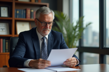 Homme d'âge moyen en costume navy dans un bureau élégant