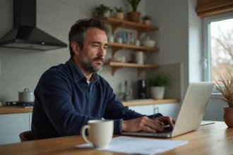 Homme regardant son relevé bancaire sur un ordinateur dans une cuisine moderne