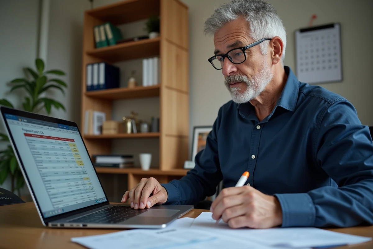 Homme de 60 ans comparant ses options d'épargne sur ordinateur dans un bureau à domicile, représentant le choix du Livret A ou du LEP selon le profil