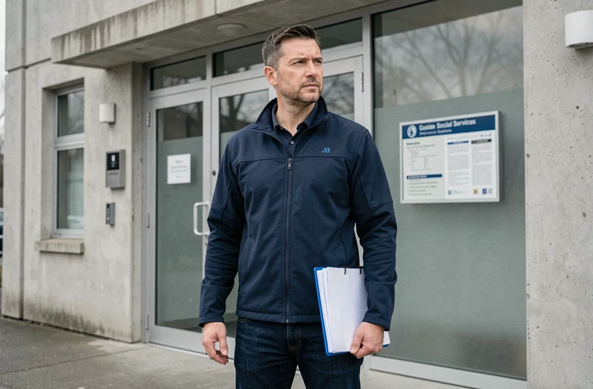 Homme seul devant un bureau des services sociaux tenant un dossier de demande de RSA