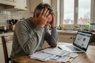 Homme stressé face à des factures impayées et un refus de rachat de crédit dans une cuisine modeste