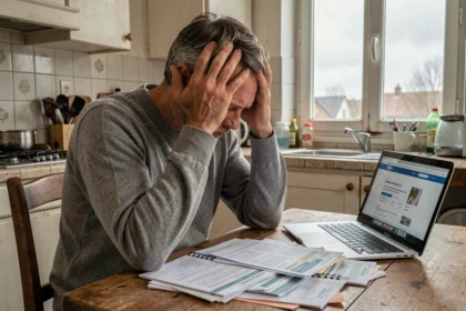 Homme stressé face à des factures impayées et un refus de rachat de crédit dans une cuisine modeste