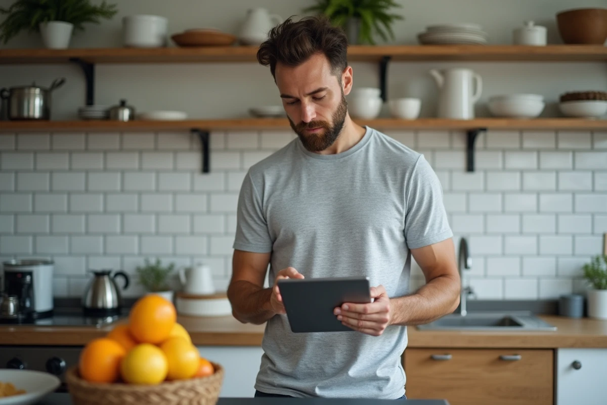 Homme consultant un blog de finances personnelles sur tablette dans sa cuisine le matin