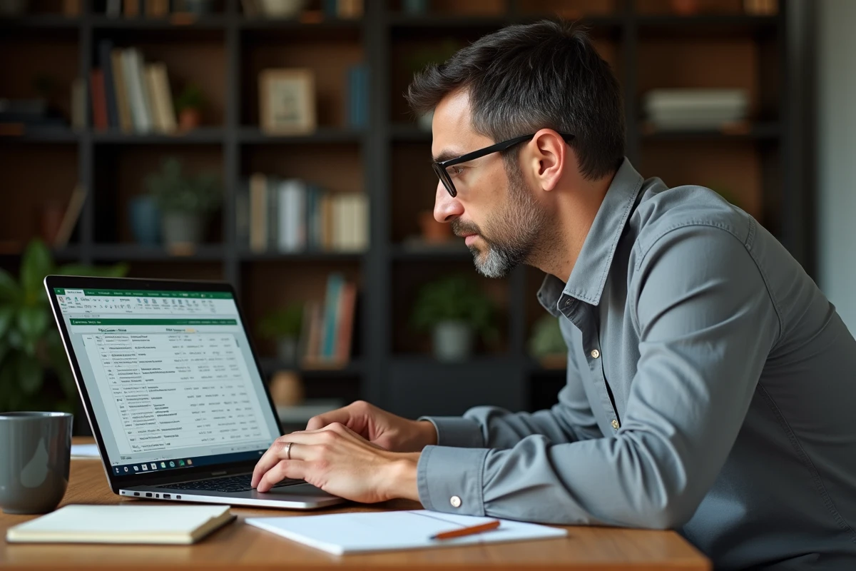 Homme en télétravail configurant des formules d'automatisation de dates d'échéance dans un fichier Excel sur ordinateur portable