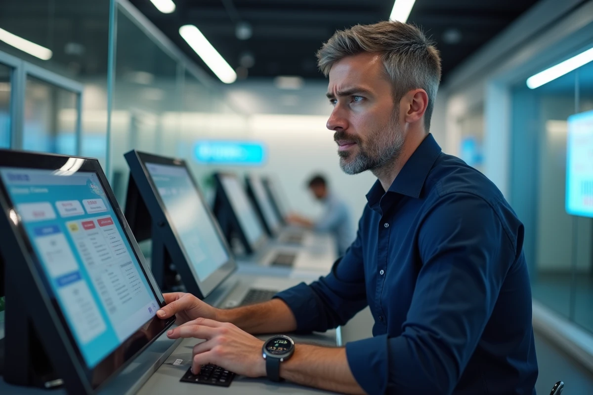 Homme utilisant un terminal bancaire en agence face à un problème d'accès à son espace client en ligne