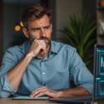 Risques échange centralisé Coinbase : comment les éviter ? Homme concentré travaillant sur son ordinateur dans un bureau moderne