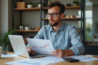 Homme concentré travaillant sur ses documents financiers