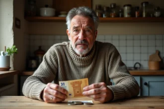 Homme d'âge moyen examinant une vieille banque et une pièce d'euro
