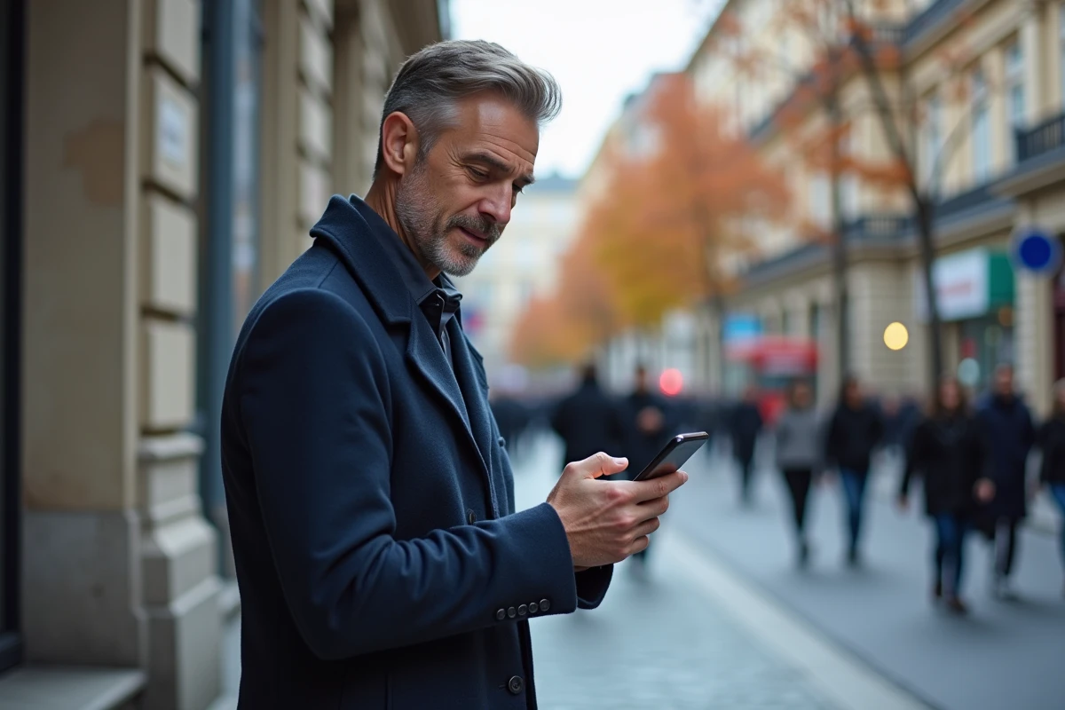 Homme en ville accédant à ses garanties d'assurance sur application mobile Merci Victor