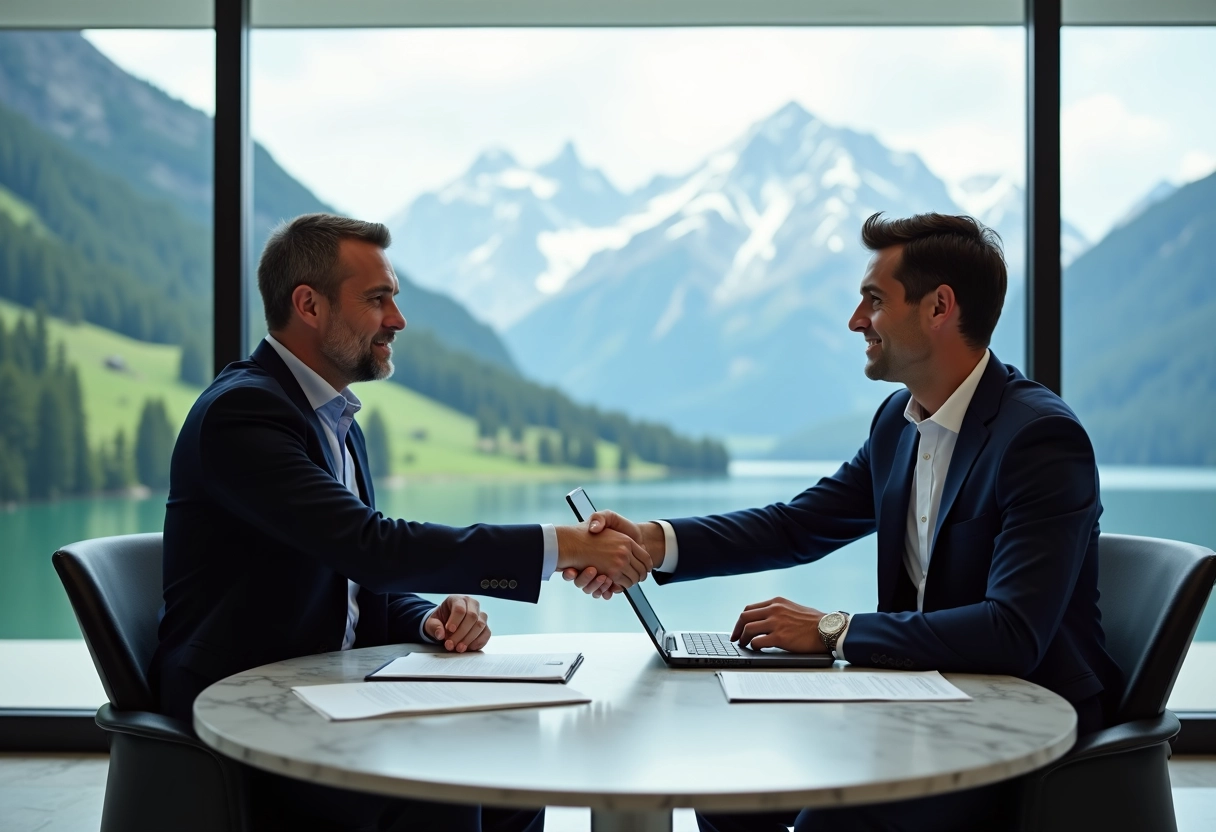 Deux hommes se serrant la main dans un lobby suisse