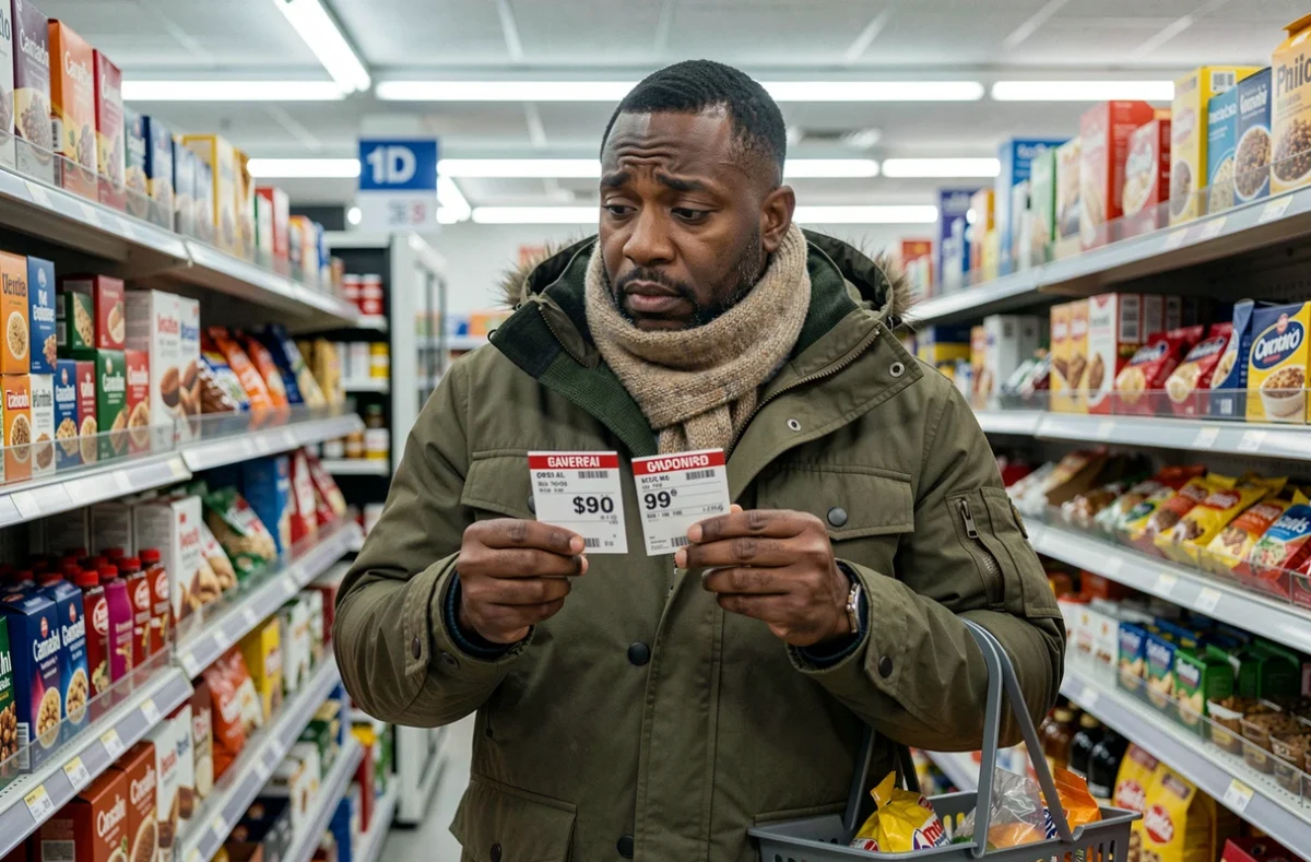 Immigrant comparant les prix dans un supermarché canadien face au coût élevé de la vie
