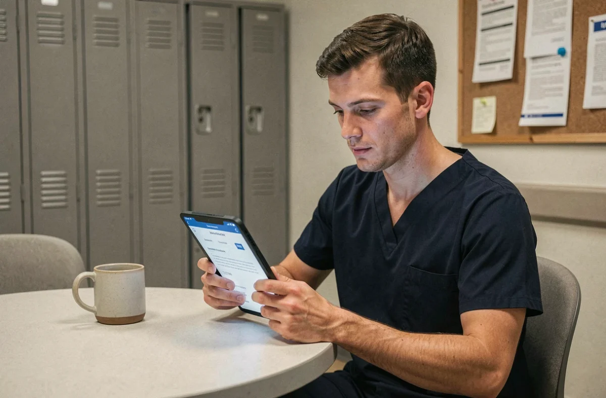 Infirmier en pause consultant les garanties de sa mutuelle des hospitaliers sur une tablette numérique