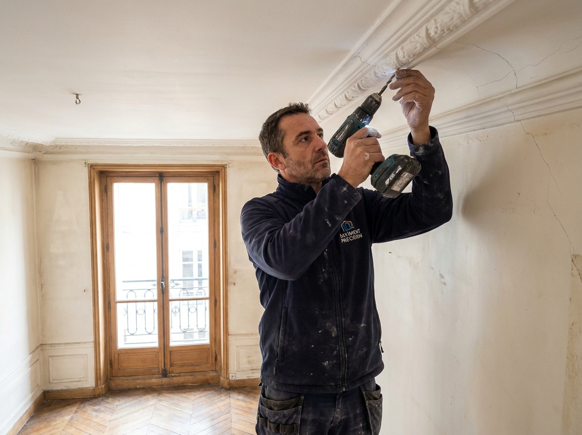Technicien installant une alarme dans un appartement haussmannien avec moulures en stuc