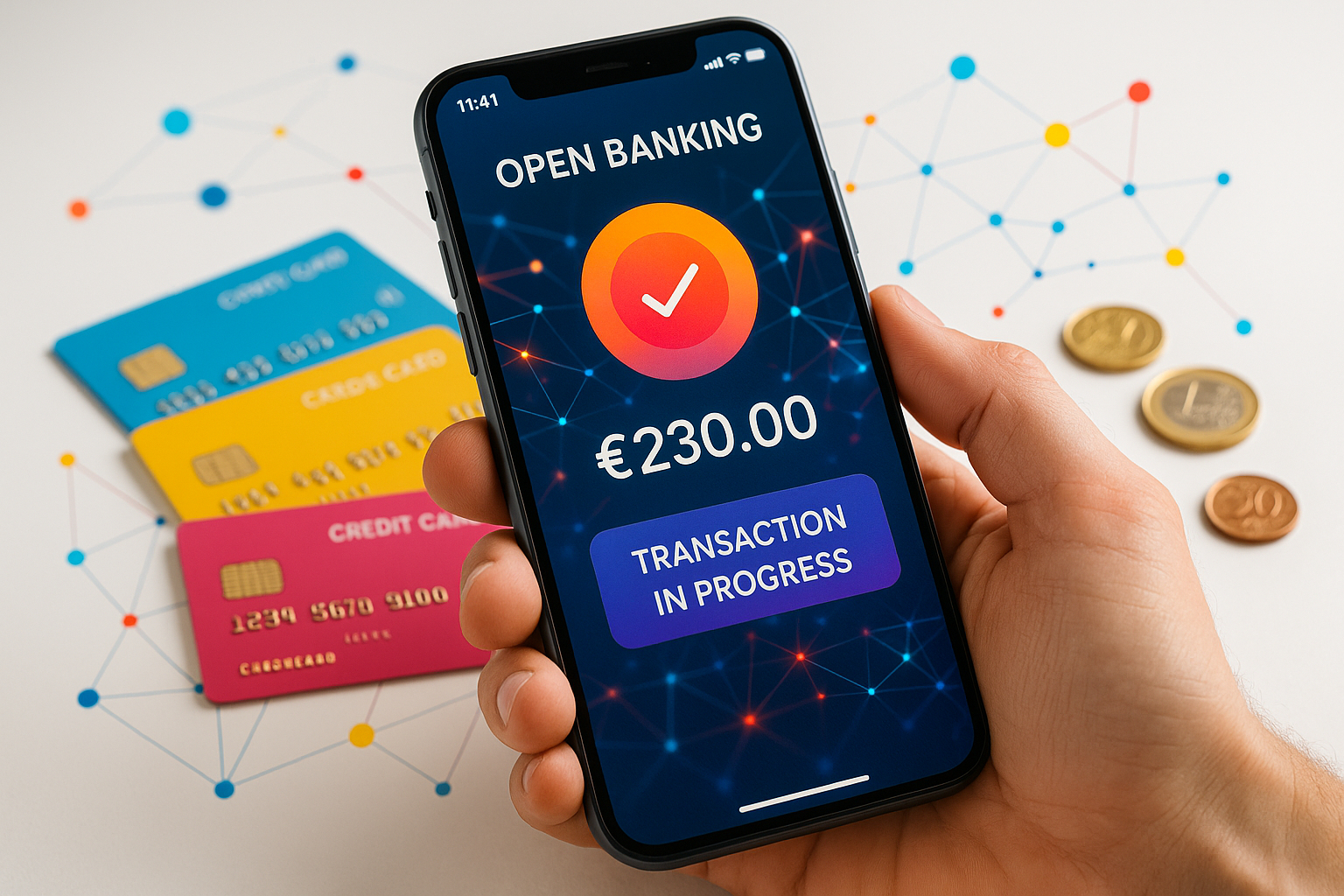 Smartphone avec interface bancaire ouverte et transaction en cours sur une table blanche