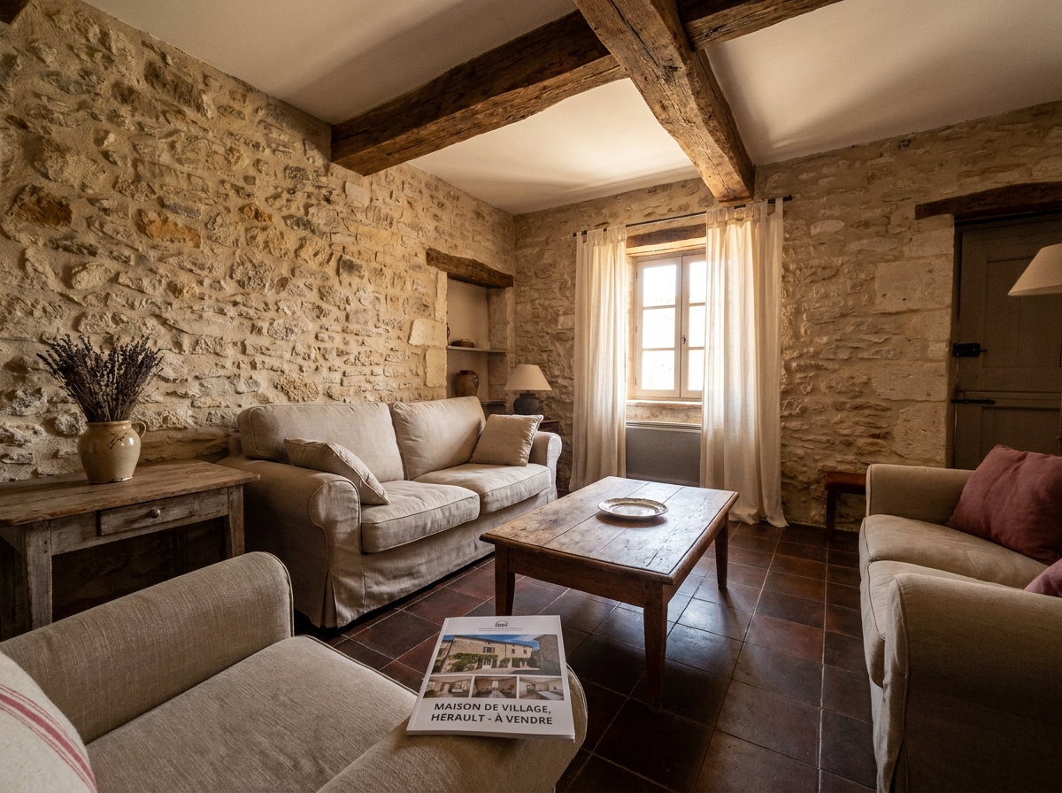 Intérieur d'une maison en pierre à vendre à Saint-Martin-de-Londres avec brochure immobilière ARE Immo