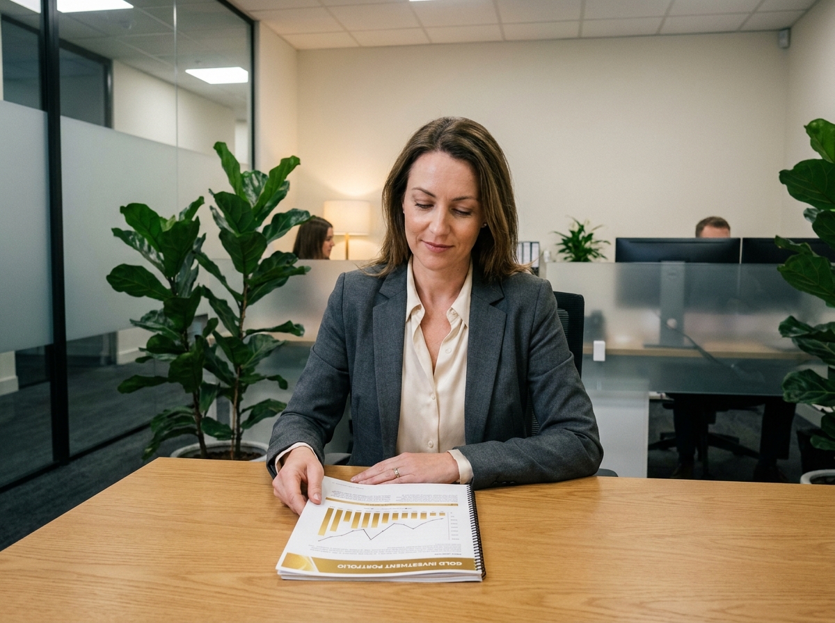 Femme consultant un portefeuille d'investissement en or chez un conseiller financier, illustrant la sécurité offerte par l'or aux épargnants