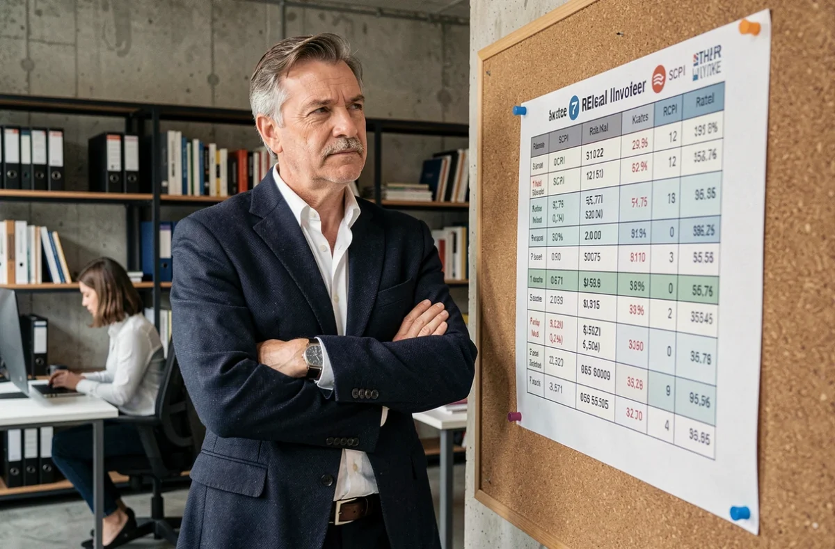 Investisseur immobilier comparant les taux de plusieurs SCPI sur un tableau d'affichage dans un bureau de conseil financier
