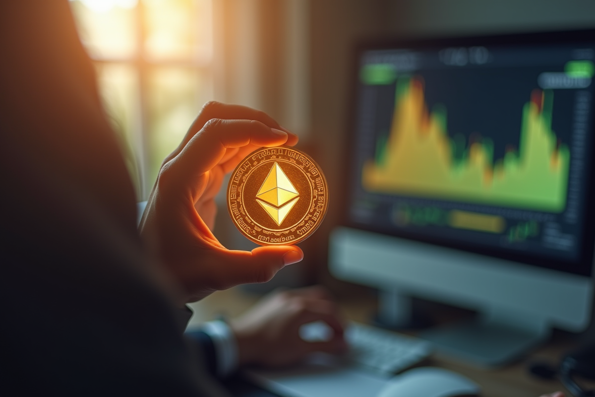 Investisseur tenant une pièce Ethereum brillante dans un bureau moderne