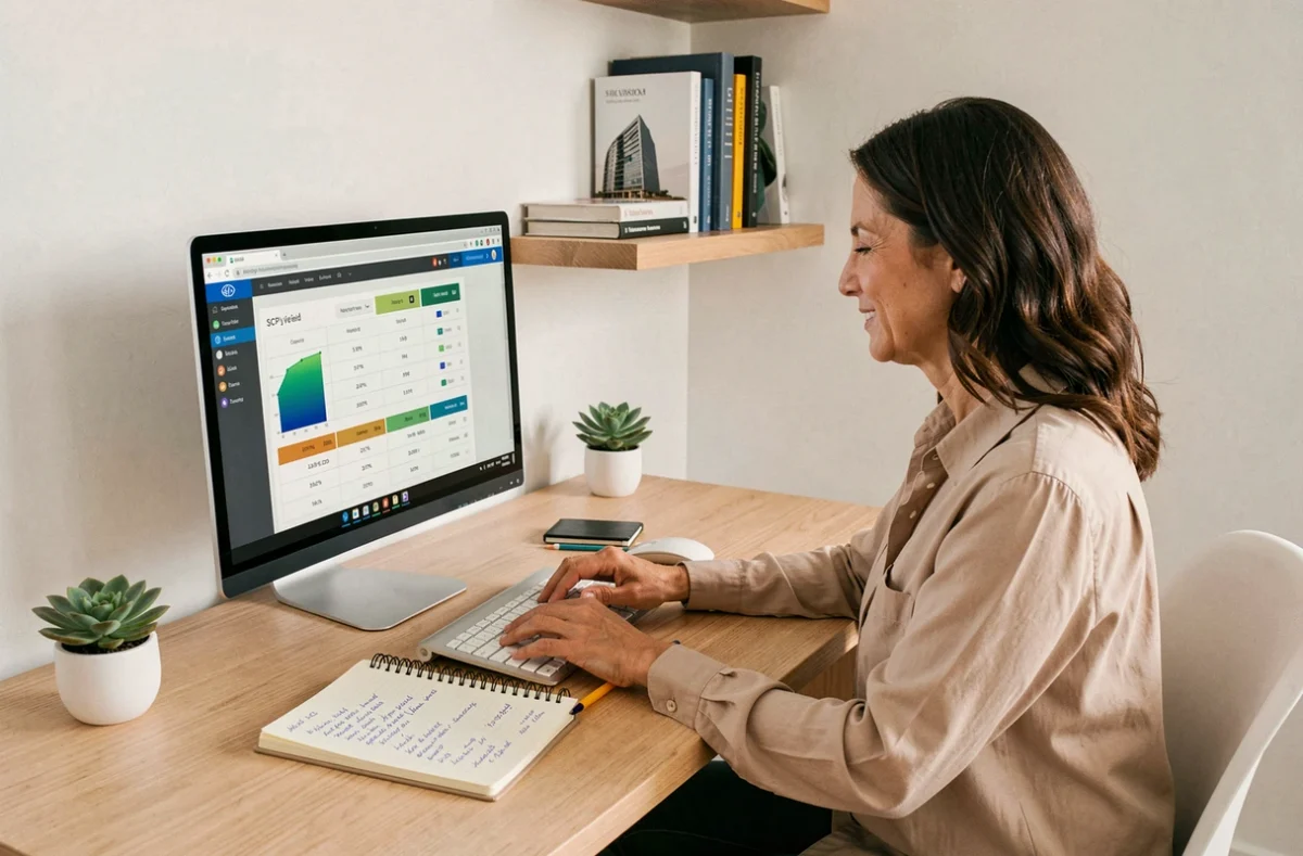 Femme consultant les taux de rendement de SCPI sur un écran d'ordinateur dans un bureau à domicile