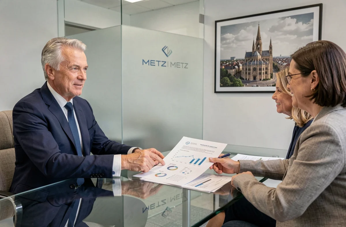 Conseiller patrimonial d'Iridium Patrimoine présentant une analyse de portefeuille à un couple à Metz