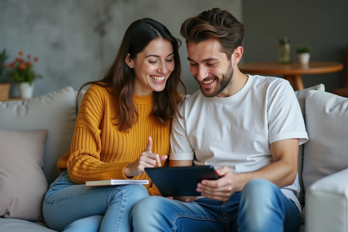 Jeune couple consultant un simulateur d'épargne sur tablette dans leur salon, illustrant la comparaison entre Livret A et LEP pour les primo-épargnants