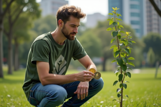 Jeune homme écologique examine des pièces Bitcoin et Ethereum
