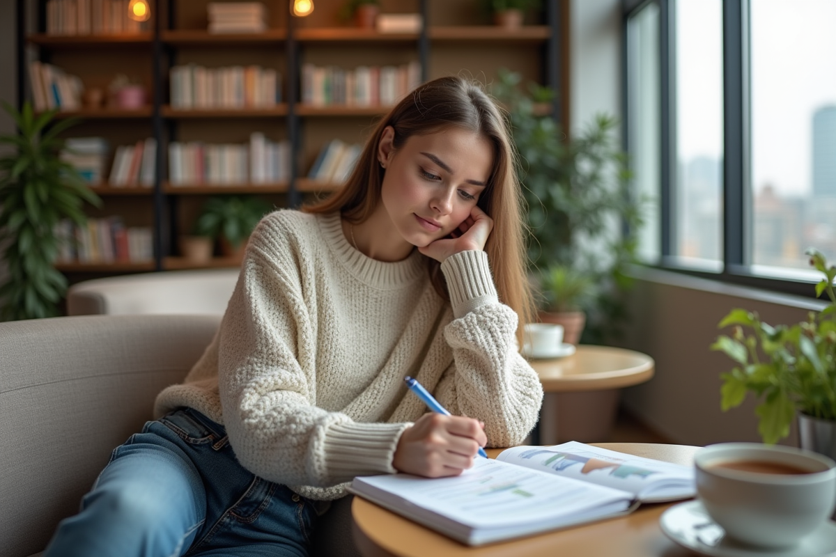 Jeune femme étudie un guide financier dans un espace de coworking