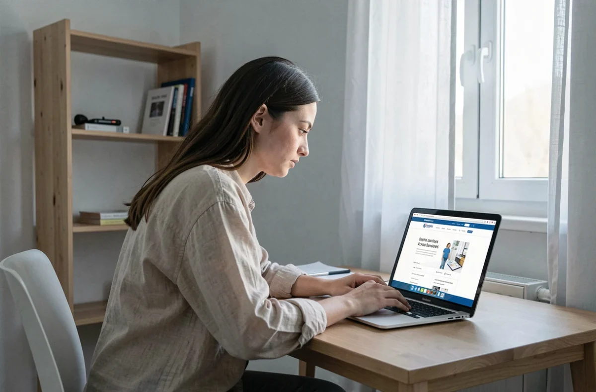 Jeune femme seule consultant les conditions d'attribution du RSA sur son ordinateur portable dans un petit appartement