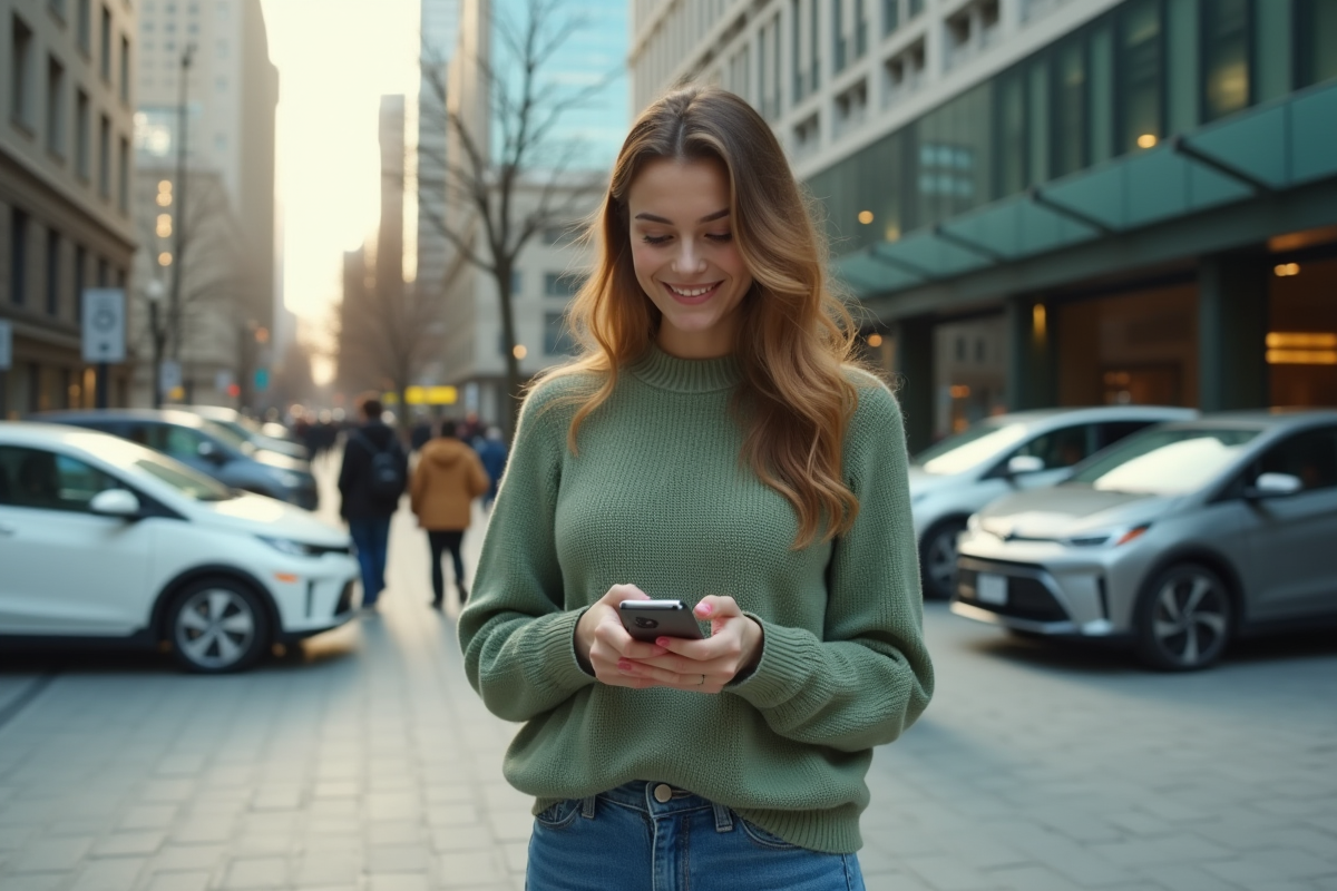 Jeune femme dehors vérifiant ses investissements sur smartphone