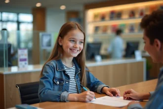 Jeune fille souriante signant des documents à la banque