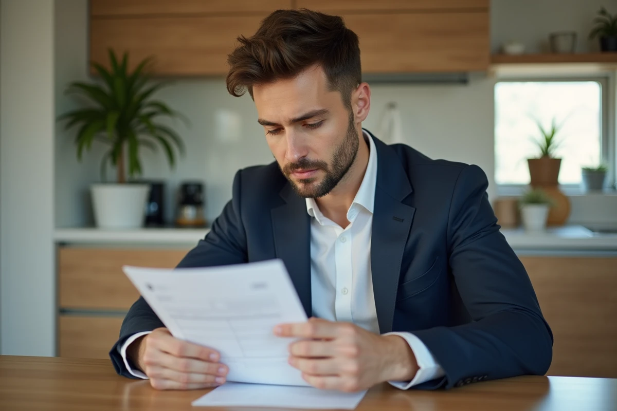Jeune homme en costume examine une fiche de paie dans sa cuisine