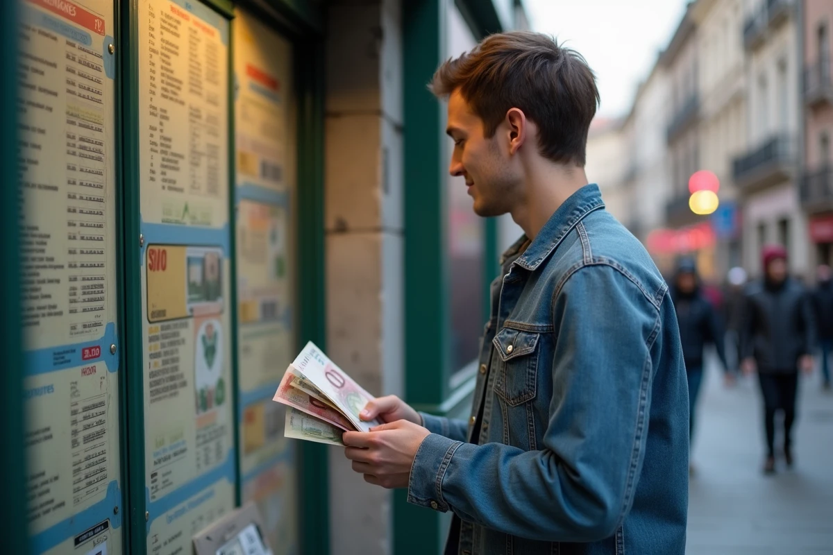 Jeune homme vérifiant le taux de change en extérieur