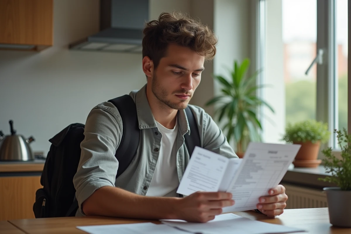 Jeune homme examinant ses reçus dans son appartement