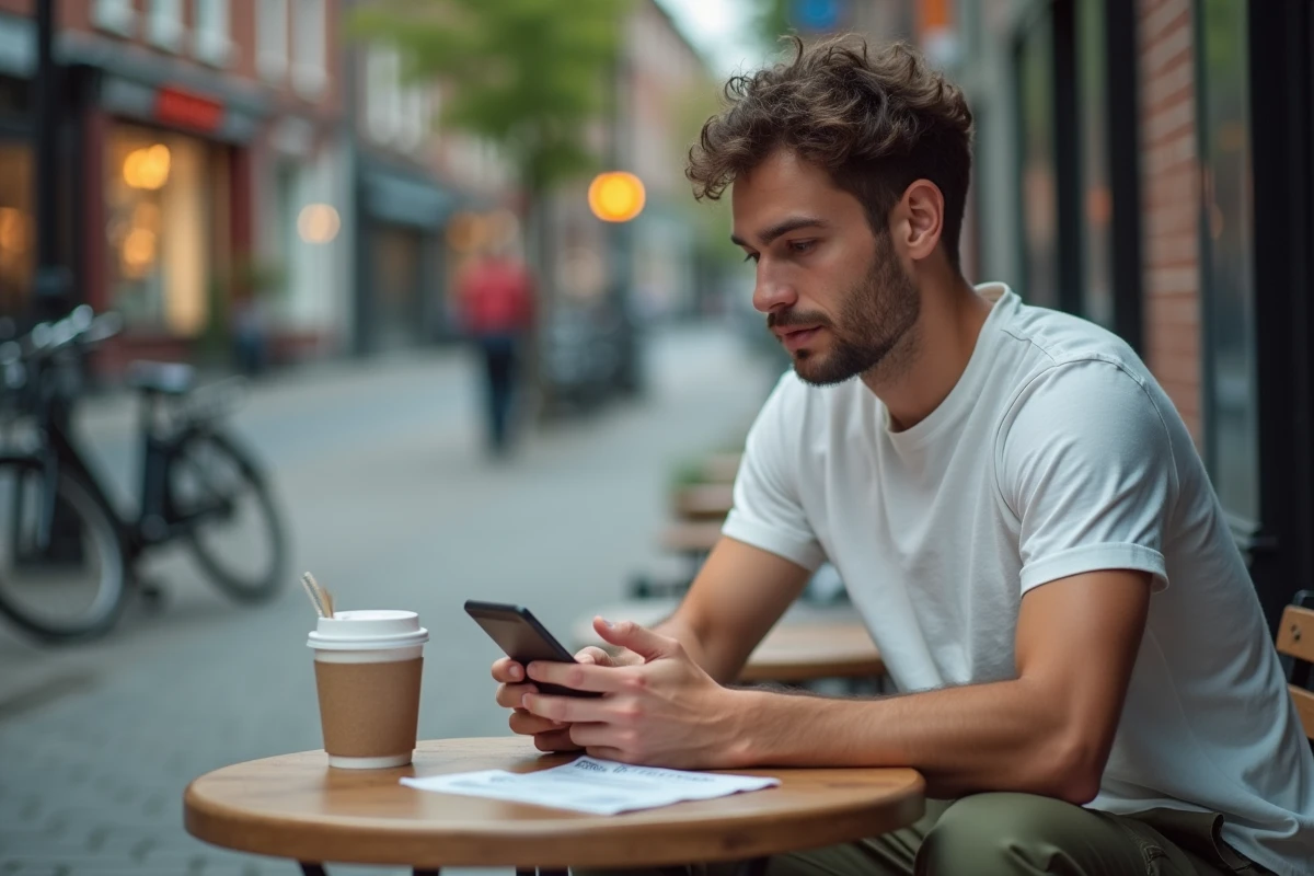 Jeune homme en terrasse de café consultant une comparaison de forfaits mobiles prépayés sur smartphone