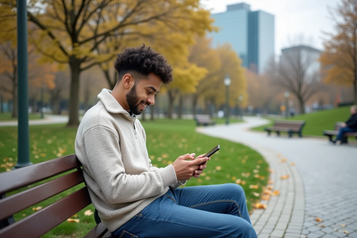 Jeune homme utilisant une application bancaire en plein air