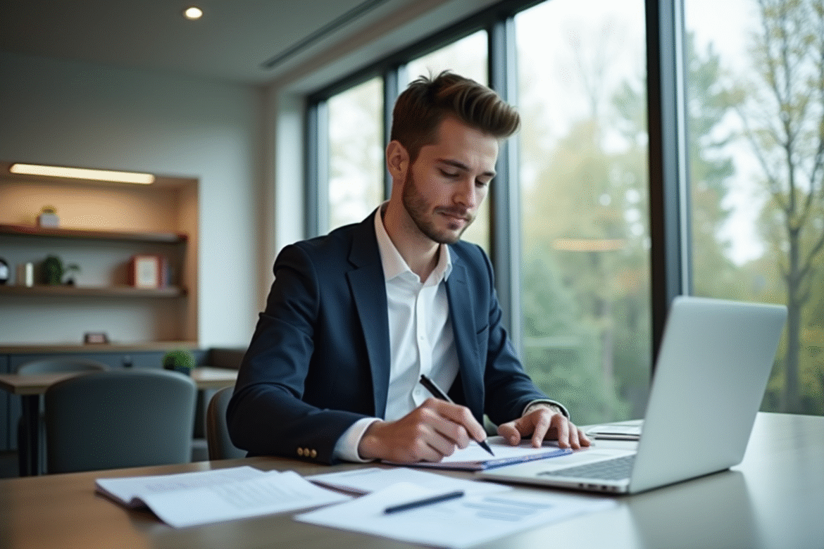 Jeune professionnel calculant son salaire au bureau lumineux