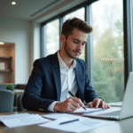 Jeune professionnel calculant son salaire au bureau lumineux