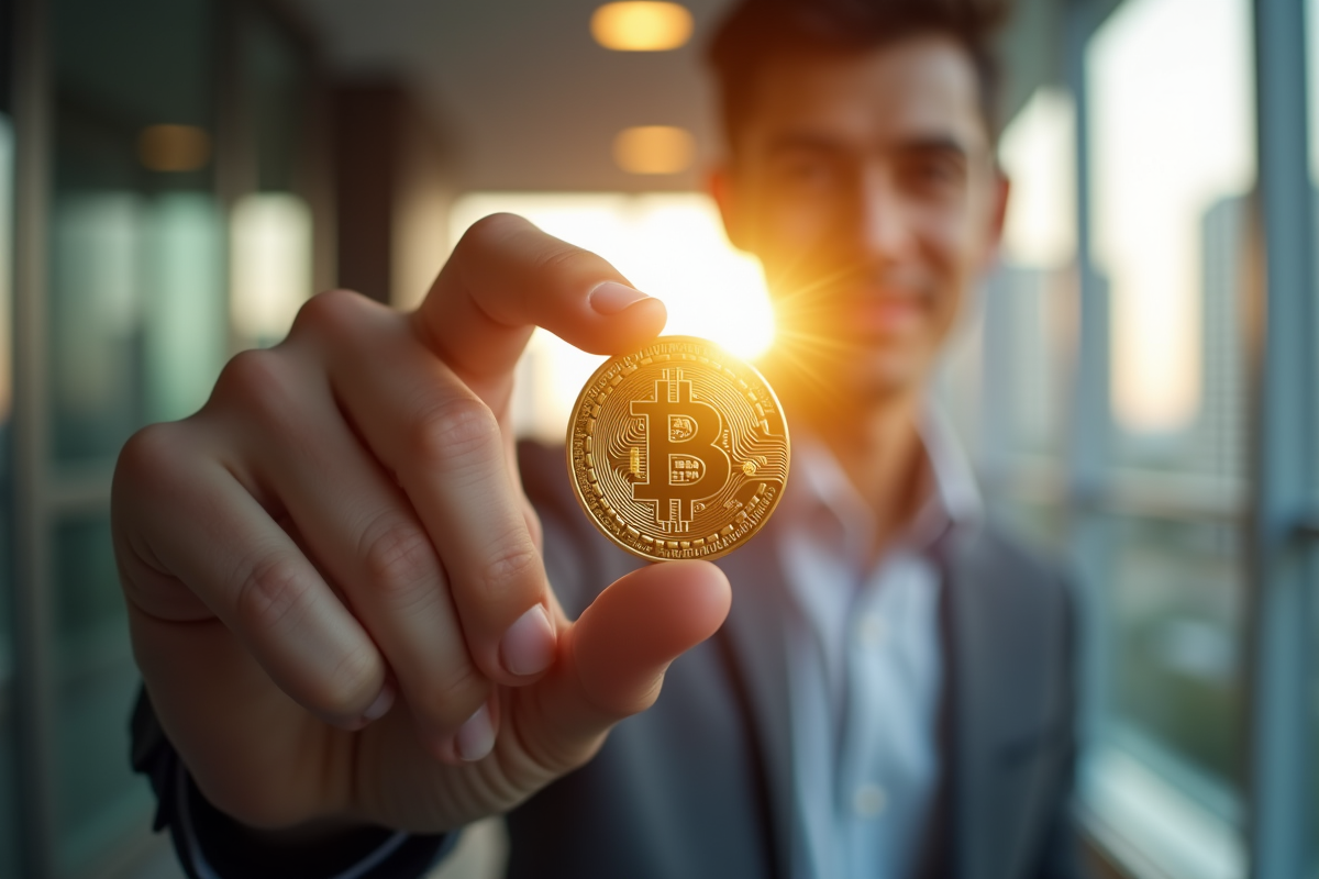 Jeune professionnel tenant une nouvelle pièce crypto dans un bureau lumineux