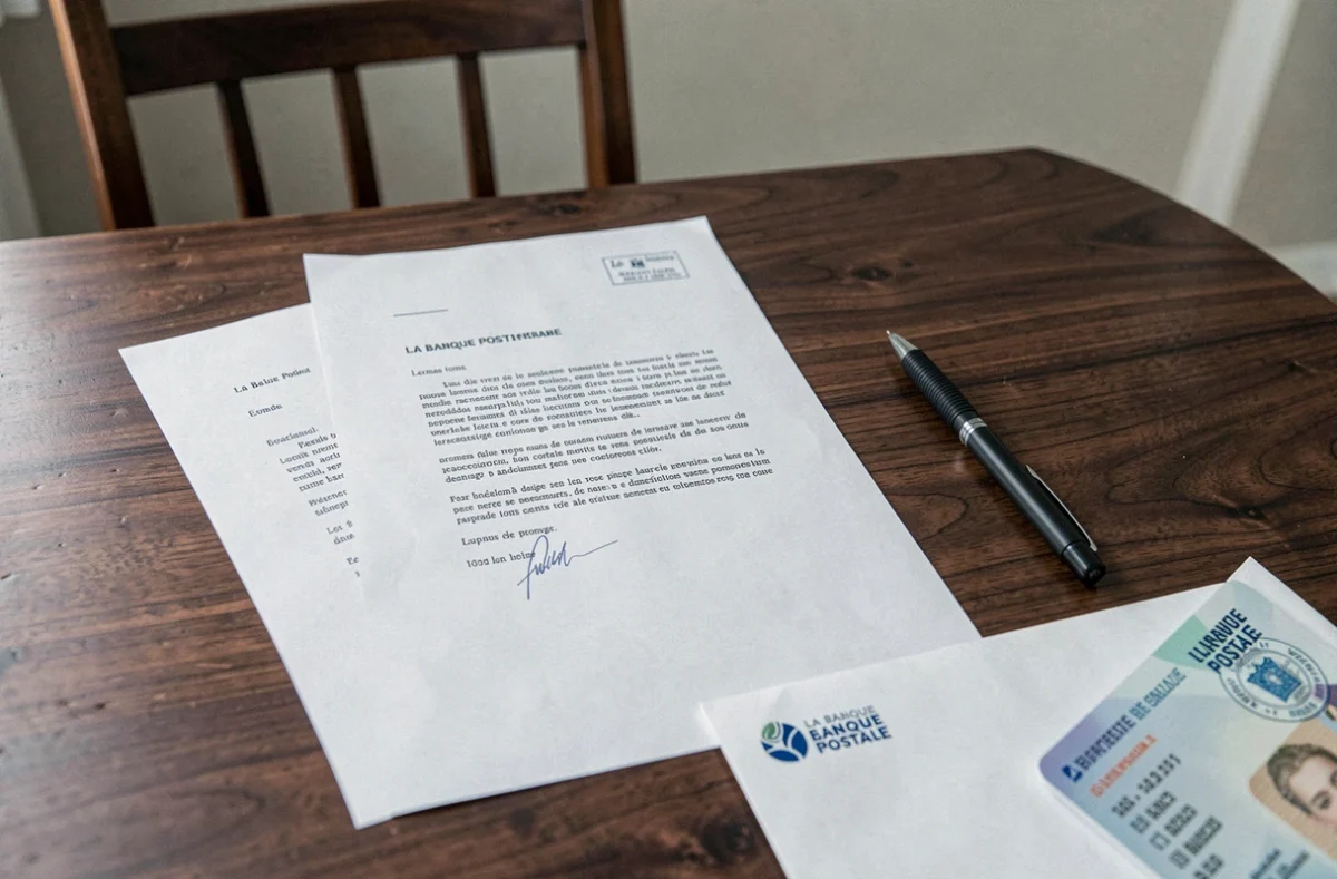 Lettre de clôture de compte La Banque Postale avec enveloppe timbrée et pièce d'identité sur une table en bois