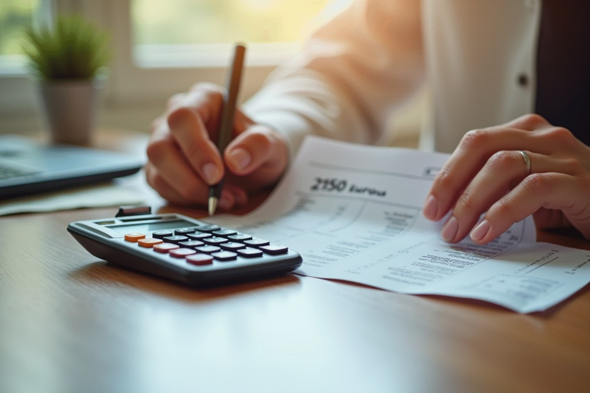 Mains utilisant une calculatrice et vérifiant une fiche de paie avec 2150 euros