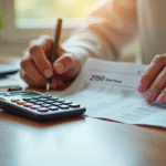 Mains utilisant une calculatrice et vérifiant une fiche de paie avec 2150 euros
