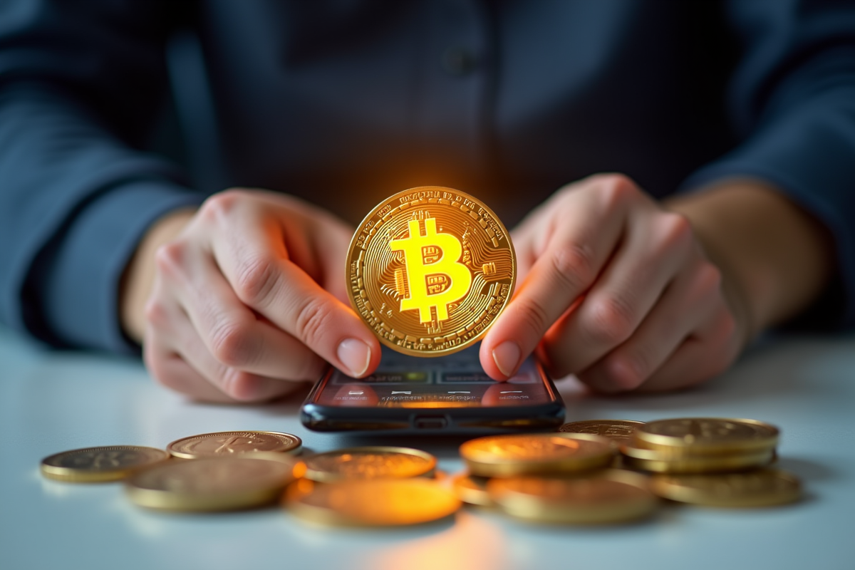 Mains tenant une pièce de Bitcoin brillante avec un smartphone et des cryptomonnaies