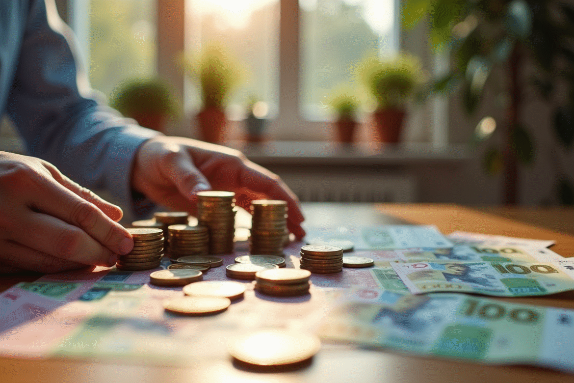 Mains triant des pièces et billets sur une table en lumière naturelle
