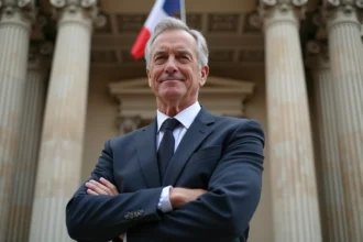 Homme politique en costume devant la façade d'un hôtel de ville néoclassique français avec drapeau tricolore