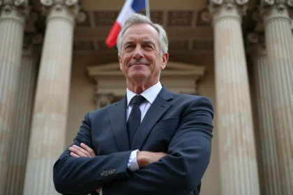 Homme politique en costume devant la façade d'un hôtel de ville néoclassique français avec drapeau tricolore