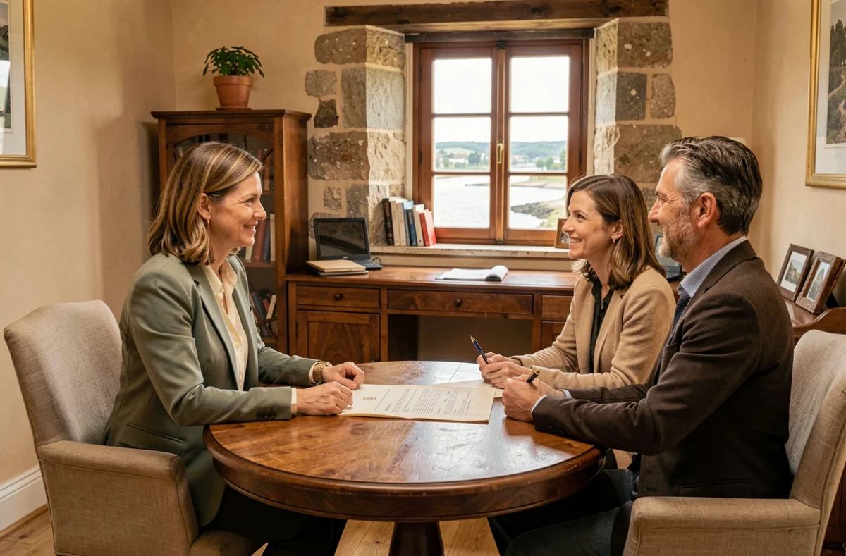 Maître Céline Le Port Herrero, notaire à Auray, en consultation avec des clients autour d'un acte immobilier