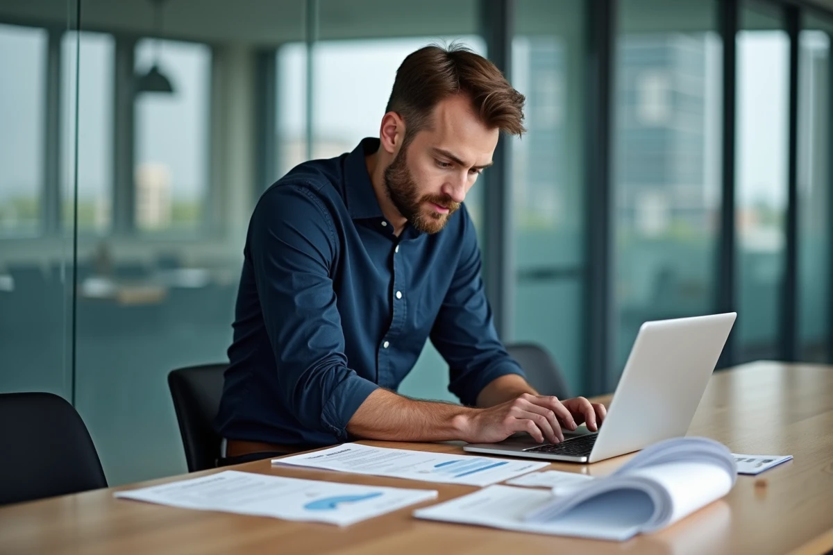 Manager d'entreprise analysant des bulletins de salaire et un logiciel de gestion de paie en salle de réunion